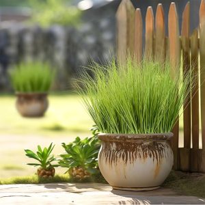5PCS Fake Grass Filler Decor Artificial Grass Plants Outdoor Planters Artificial Tall Shrubs Wheat Grass Greenery Stems Faux UV Resistant Onion Grass For Outdoor Indoor Vase Pots Home Decor, Green